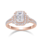 Desiree Emerald Cut Moissanite Double Halo Engagement Ring in 18K rose gold plating, front view
