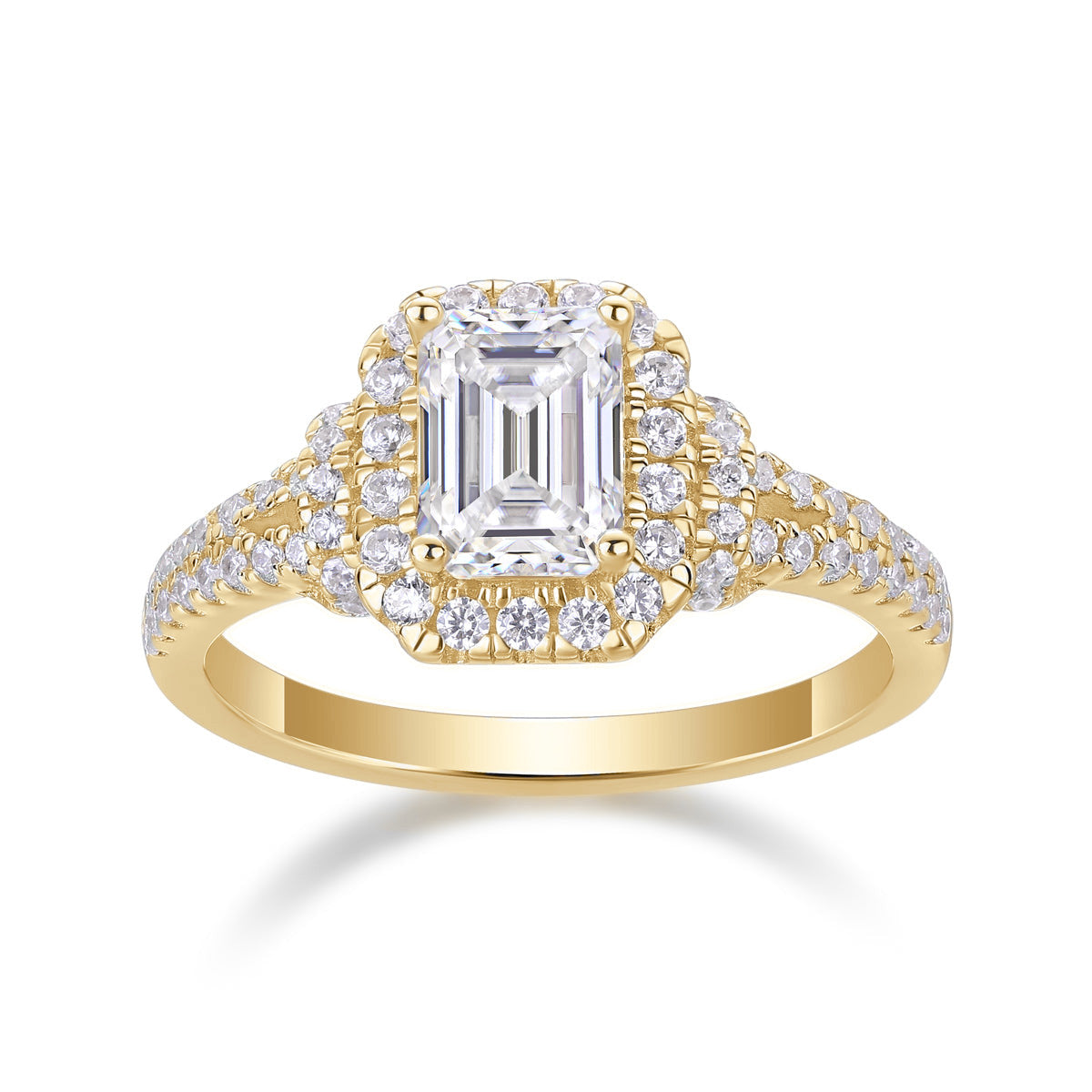 Desiree Emerald Cut Moissanite Double Halo Engagement Ring in 18K yellow gold plating, front view