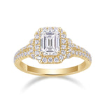Desiree Emerald Cut Moissanite Double Halo Engagement Ring in 18K yellow gold plating, front view