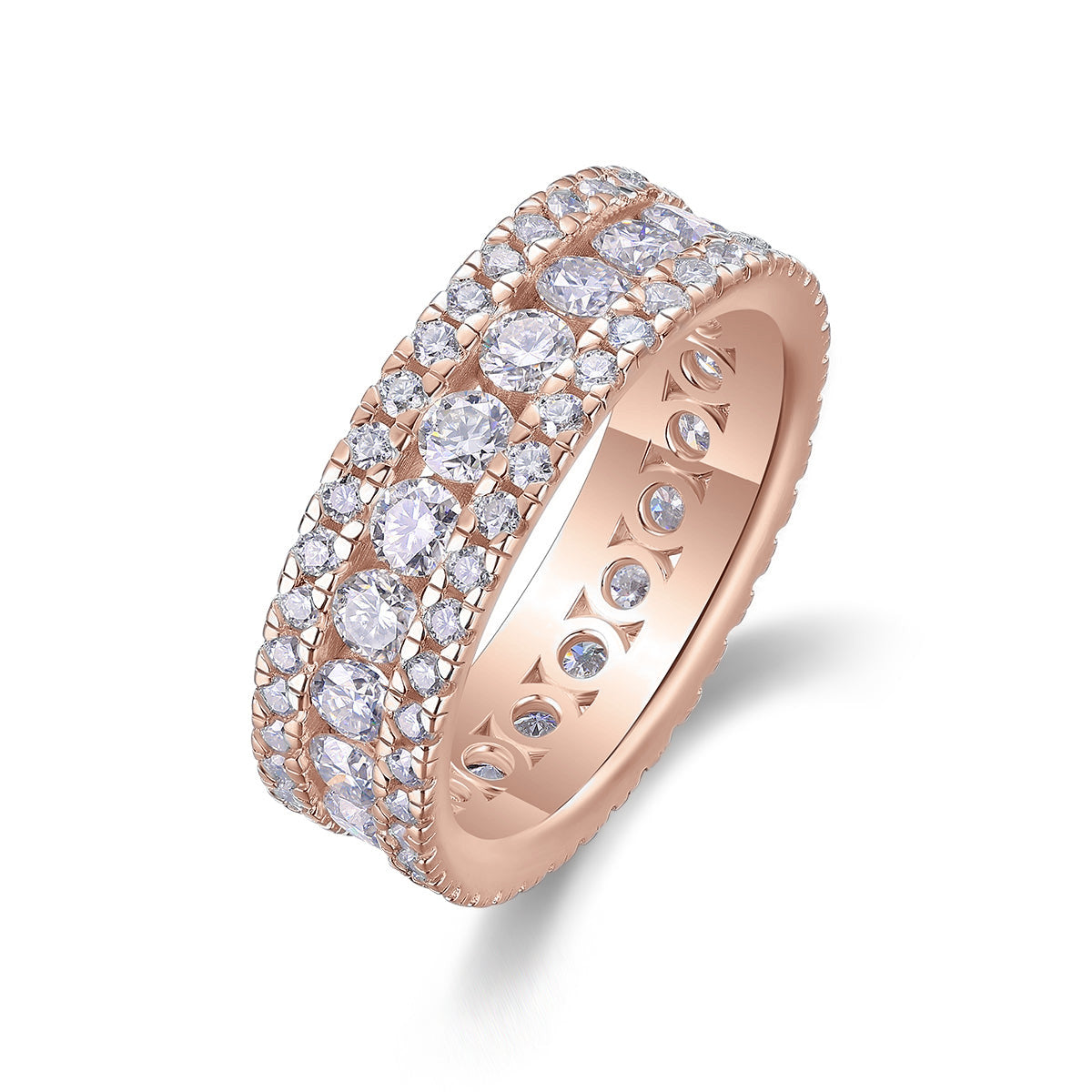 Edie Round Moissanite Three Row Eternity Band in 18K rose gold plating