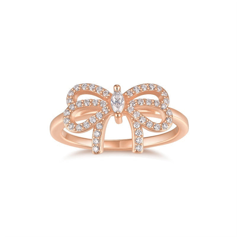Effie Marquise Moissanite Pavé Bow Ring in 18K rose gold plating, front view