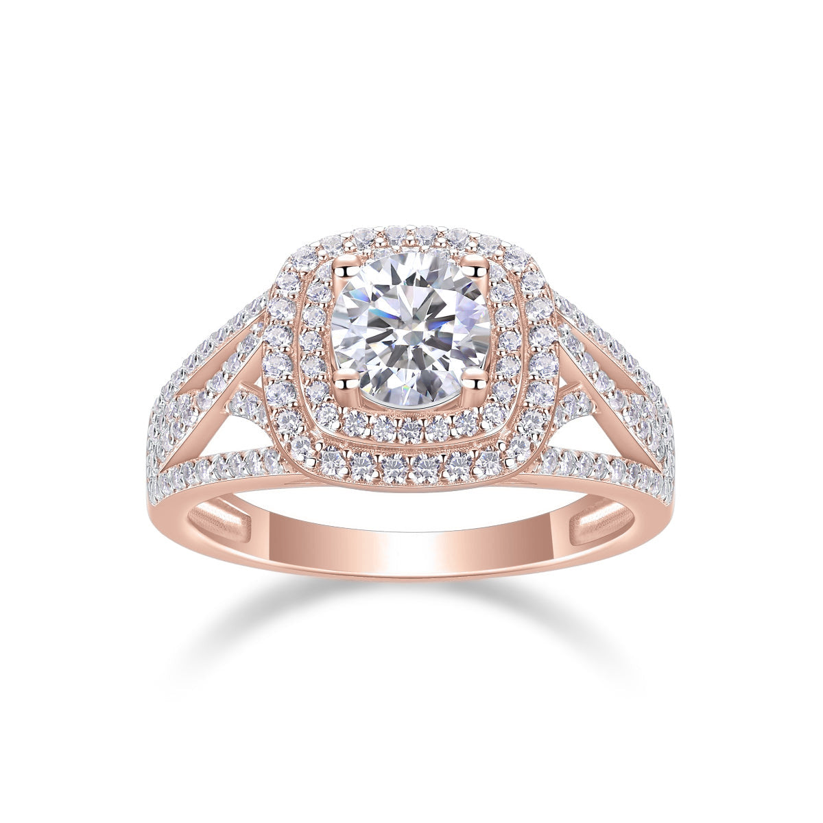 Eileen Round Moissanite Double Halo Engagement Ring in 18K rose gold plating, front view