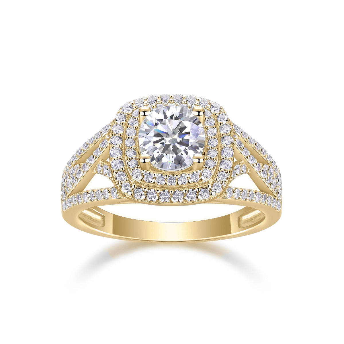 Eileen Round Moissanite Double Halo Engagement Ring in 18K yellow gold plating, front view