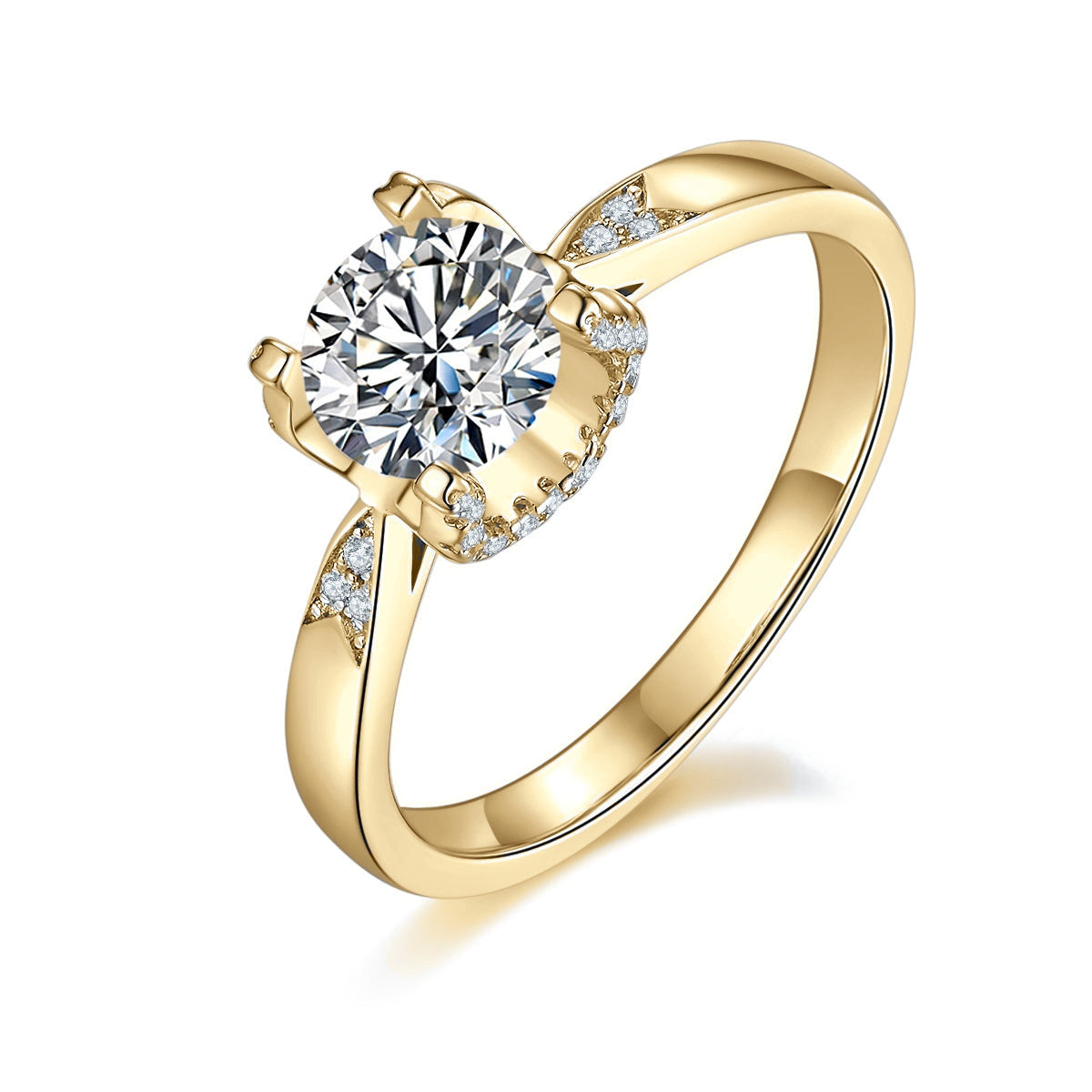 Eliana Round Moissanite Hidden Heart Engagement Ring in 18K yellow gold plating, angled view