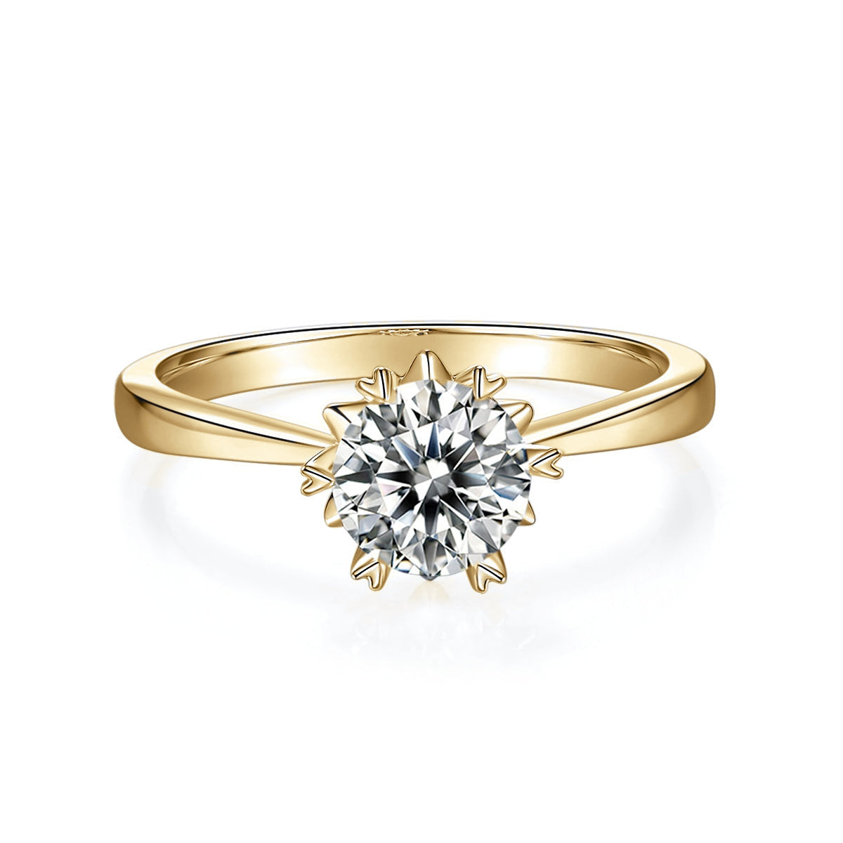 Ella Round Moissanite Snowflake Solitaire Engagement Ring in 18K yellow gold plating, front view