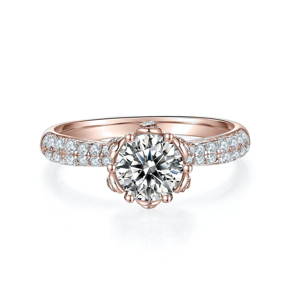Ellen Round Moissanite Tulip Pavé Engagement Ring in 18K rose gold plating, front view