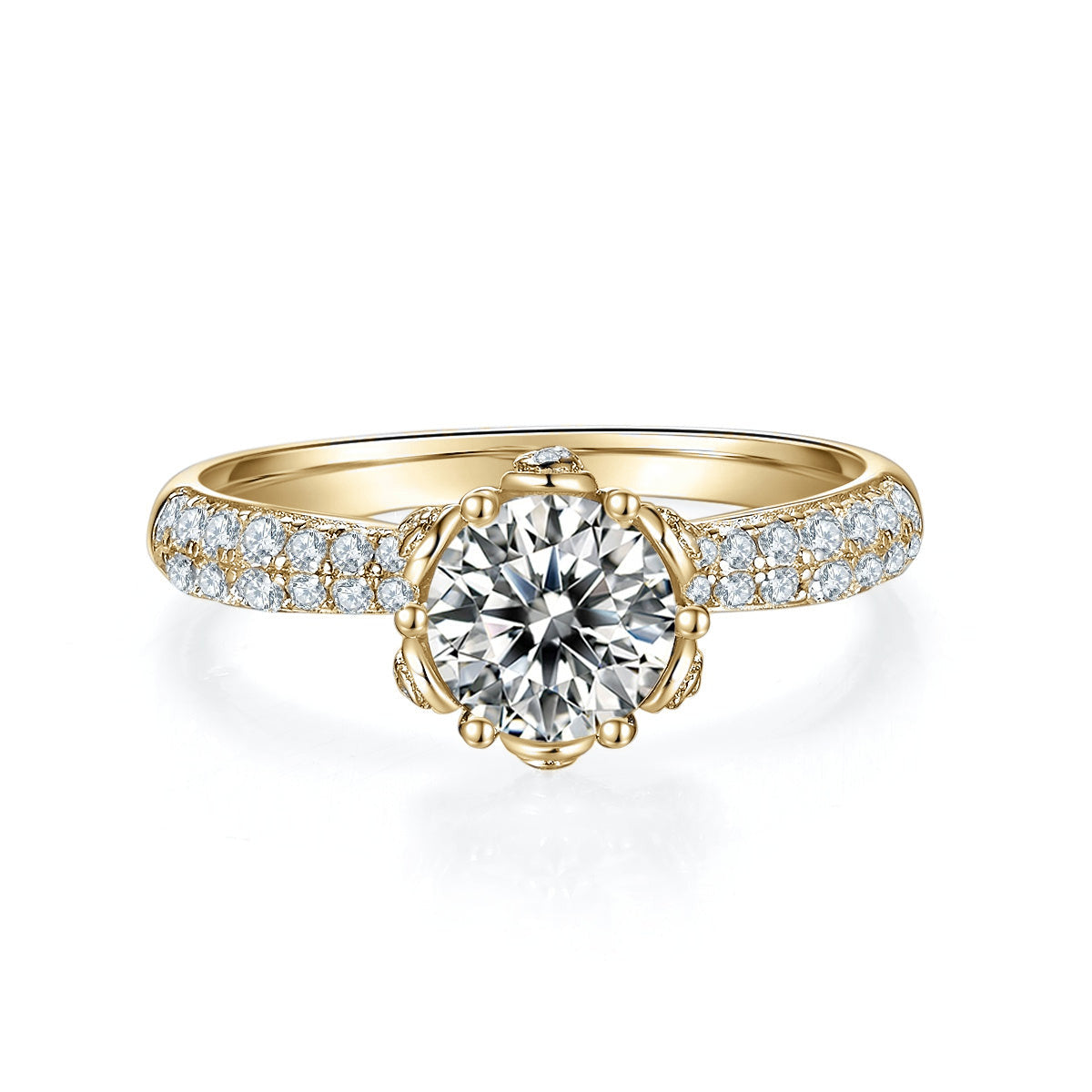 Ellen Round Moissanite Tulip Pavé Engagement Ring in 18K yellow gold plating, front view