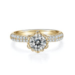 Ellen Round Moissanite Tulip Pavé Engagement Ring in 18K yellow gold plating, front view