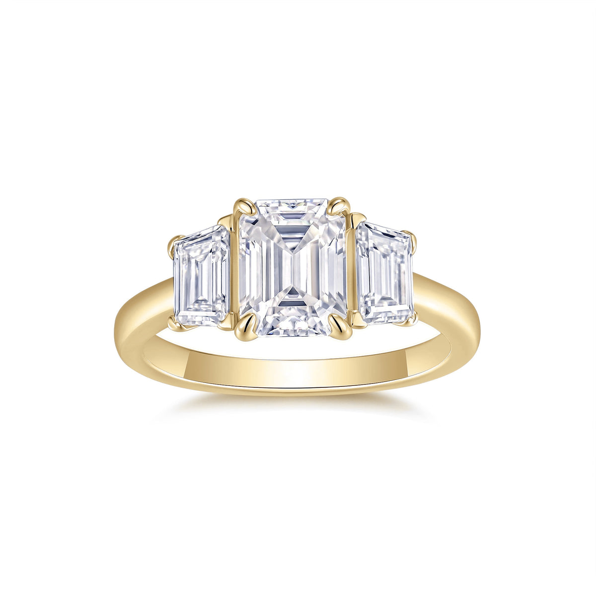 Eloise Emerald Cut Moissanite Three Stone Engagement Ring in 18K yellow gold plating, front view
