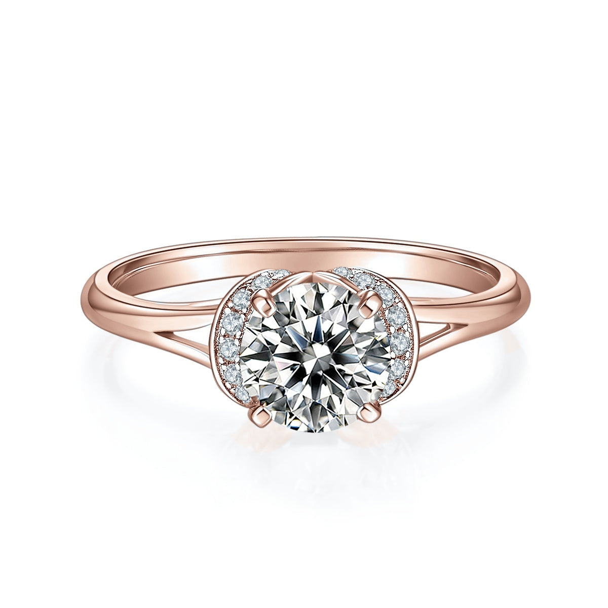 Elora Round Moissanite Crescent Halo Engagement Ring in 18K rose gold plating, front view