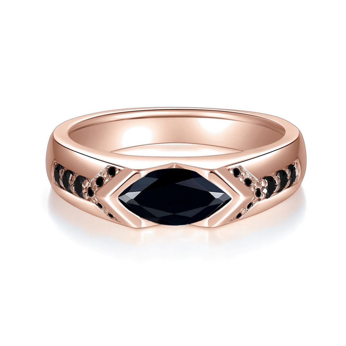 Emery Black Marquise Moissanite East-West Ring in 18K rose gold plating, front view