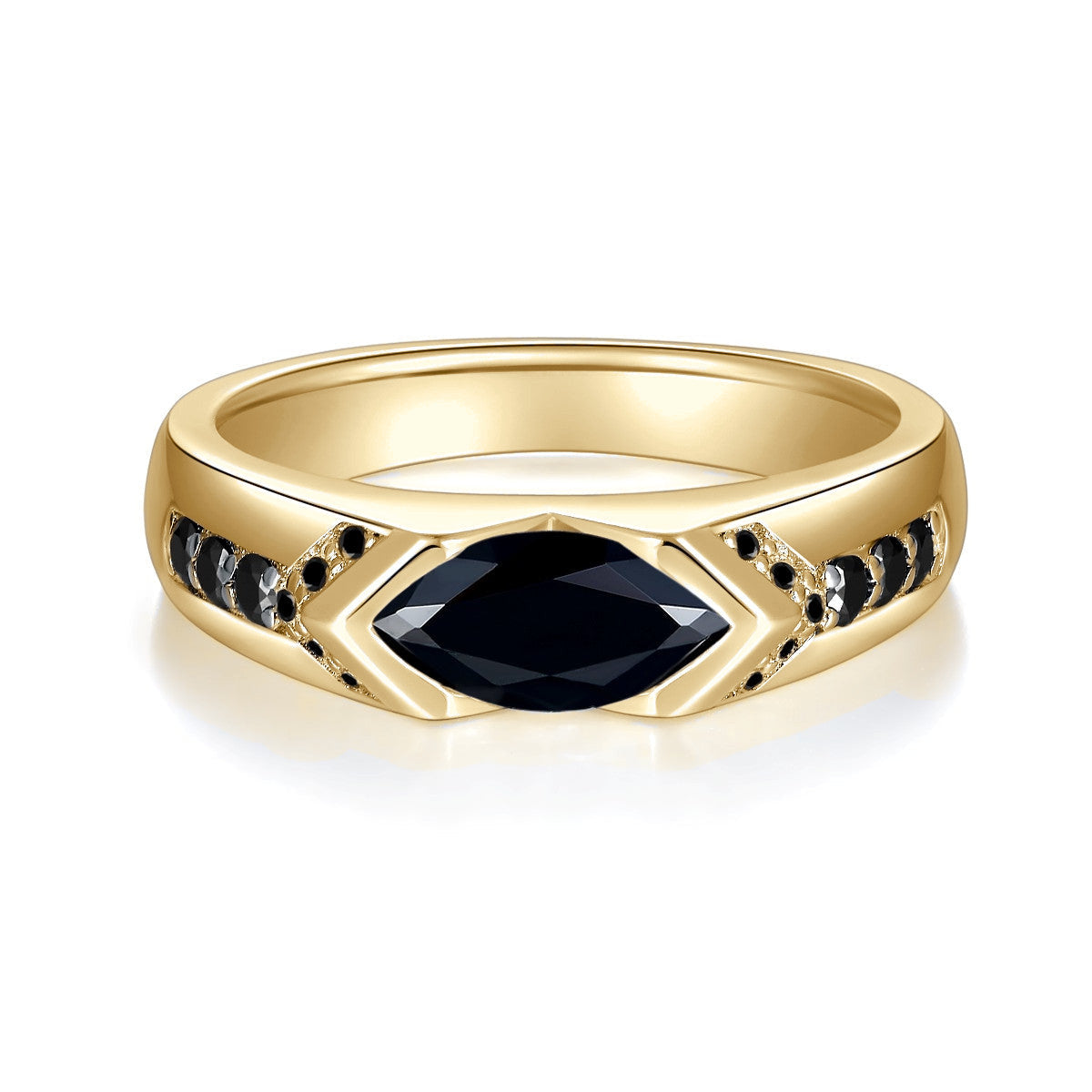Emery Black Marquise Moissanite East-West Ring in 18K yellow gold plating, front view