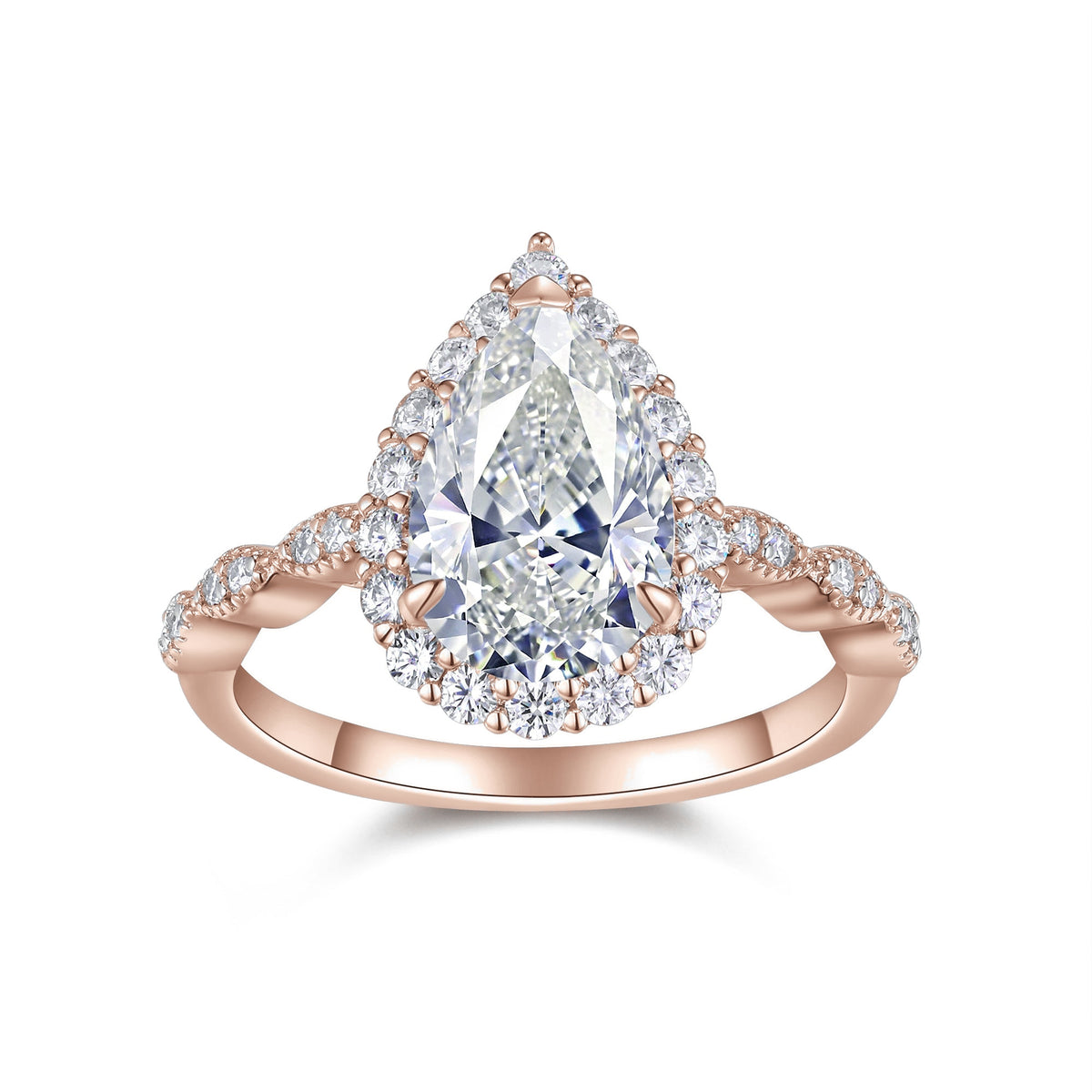 Esme Pear Moissanite Halo Engagement Ring in 18K rose gold plating, front view