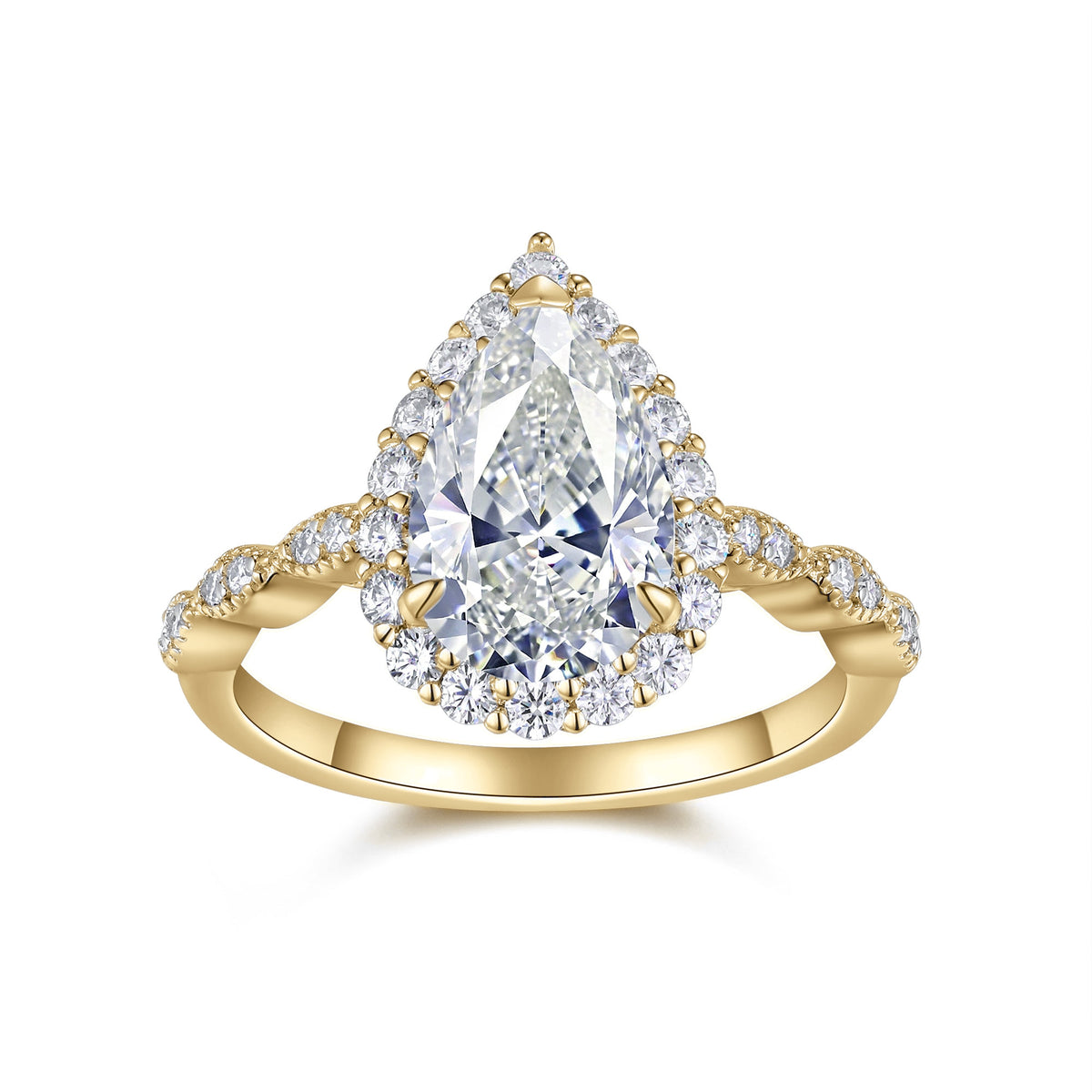 Esme Pear Moissanite Halo Engagement Ring in 18K yellow gold plating, front view