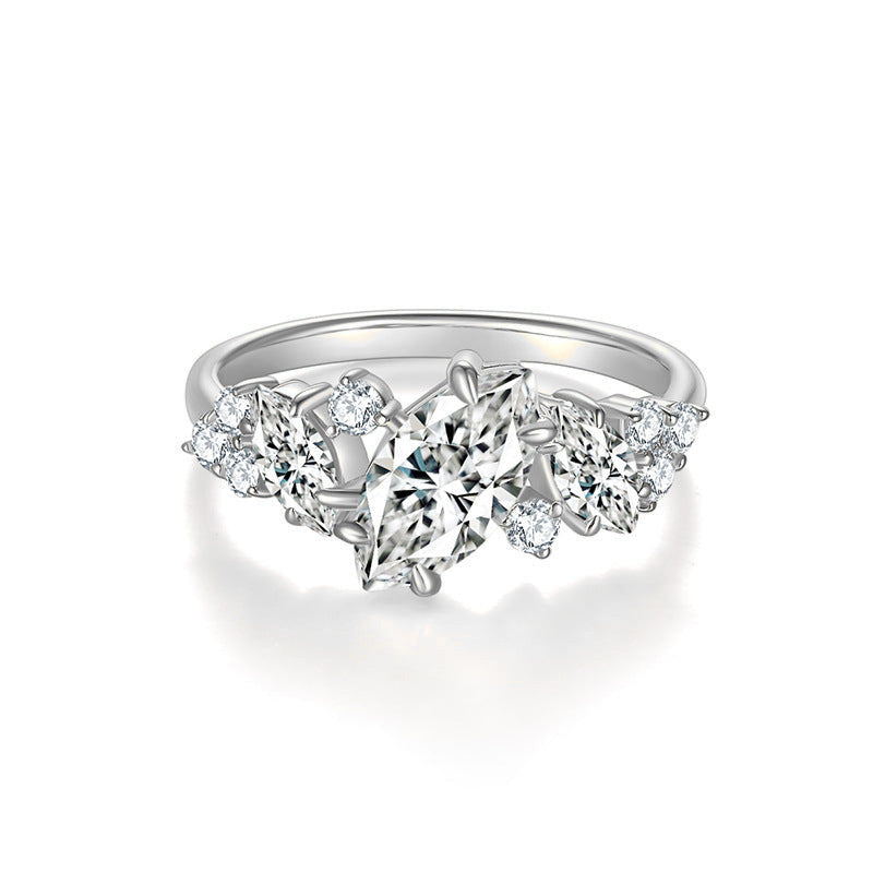 Eve Marquise Moissanite Cluster Engagement Ring in 18K white gold plating, front view