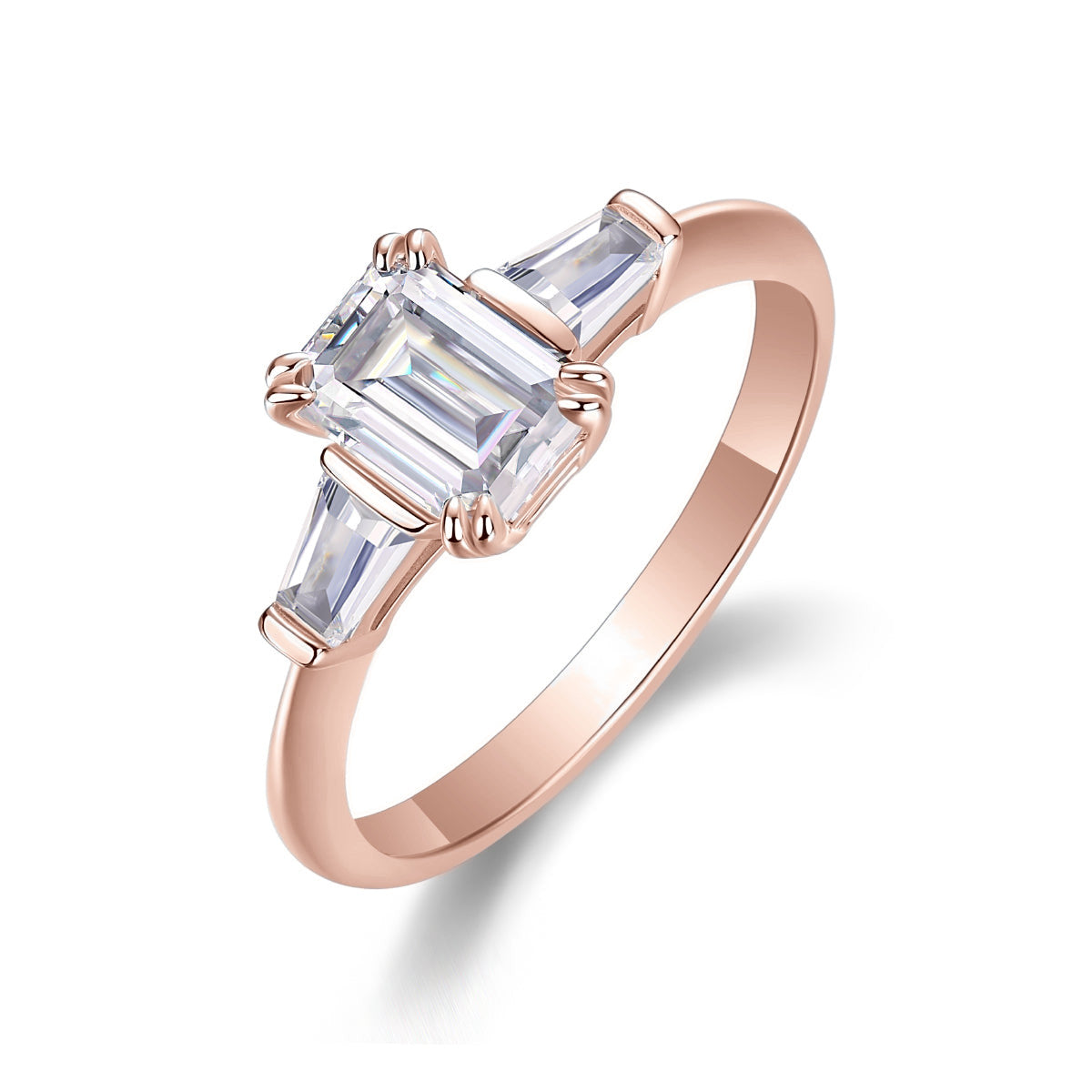 Everly Emerald Cut Moissanite Three Stone Engagement Ring in 18K rose gold plating