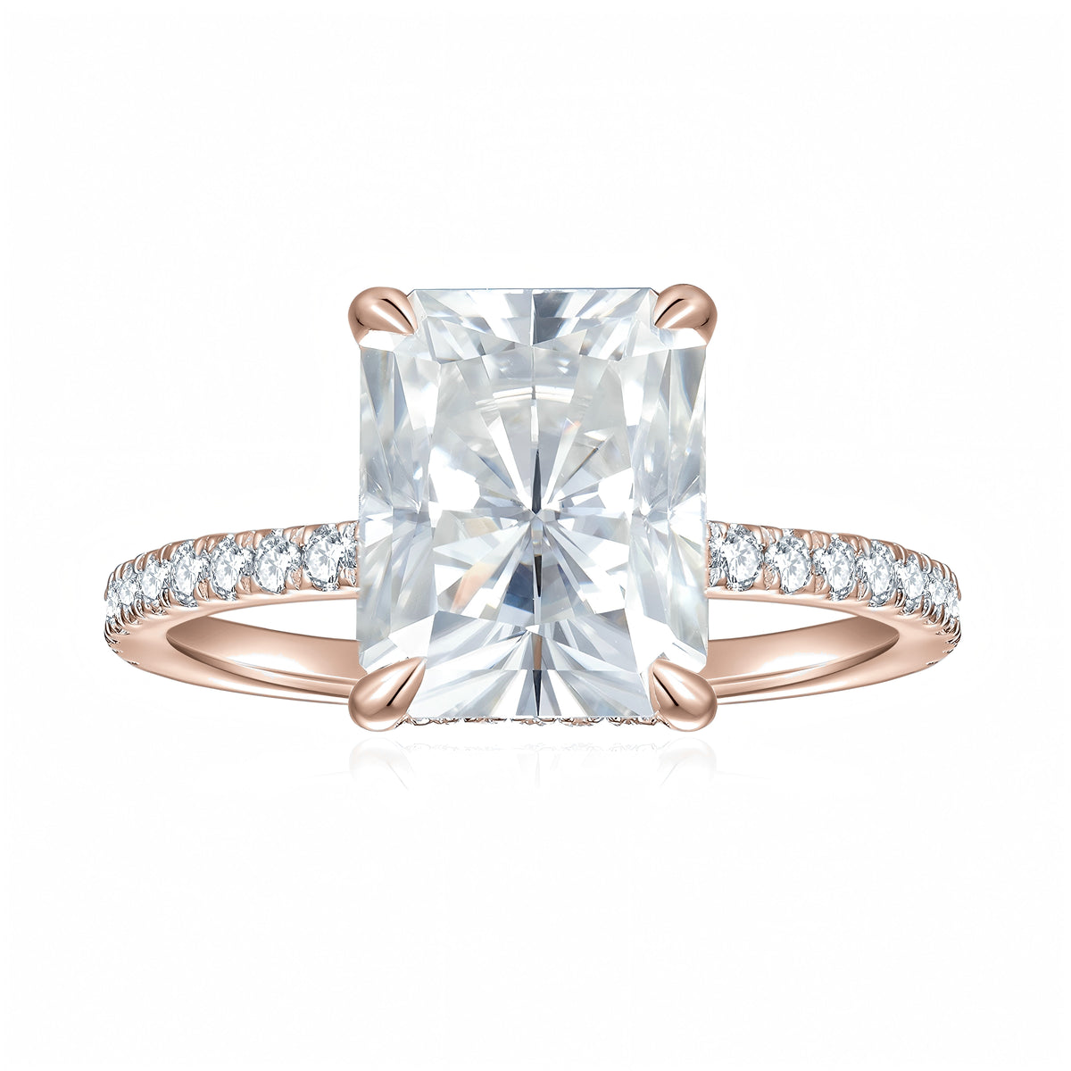 Evie Radiant Cut Moissanite Hidden Halo Engagement Ring in 18K rose gold plating, front view
