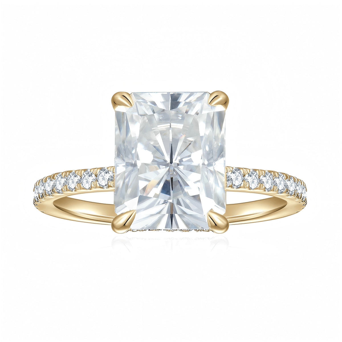 Evie Radiant Cut Moissanite Hidden Halo Engagement Ring in 18K yellow gold plating, front view