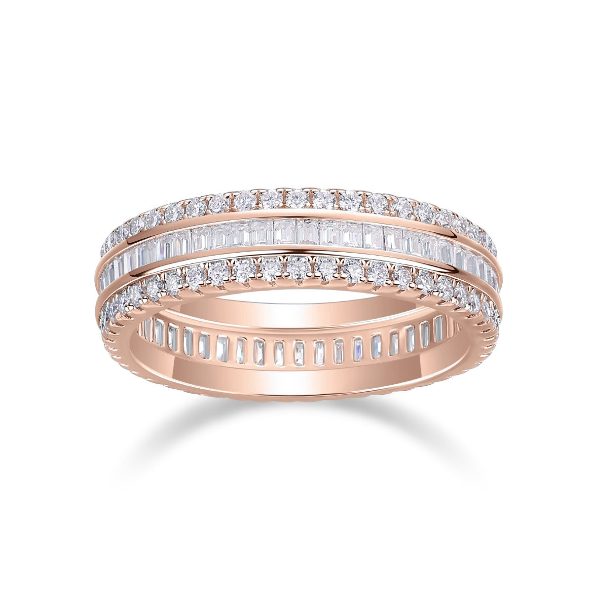 Fallon Moissanite Baguette Channel Eternity Band in 18K rose gold plating, front view