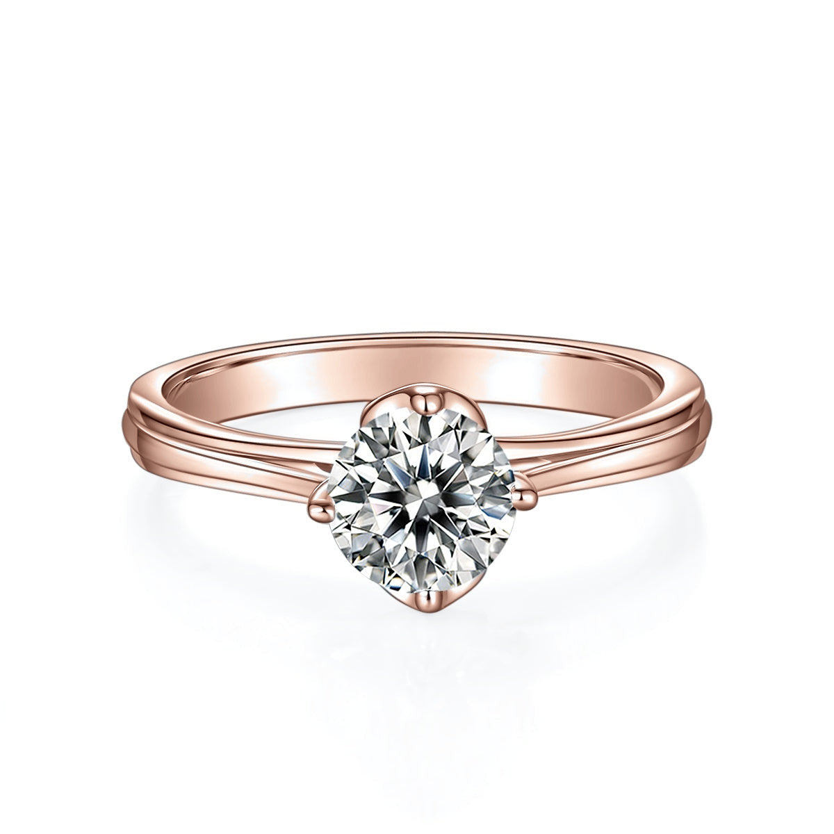 Fawn Round Moissanite Split Shank Engagement Ring in 18K rose gold plating, front view