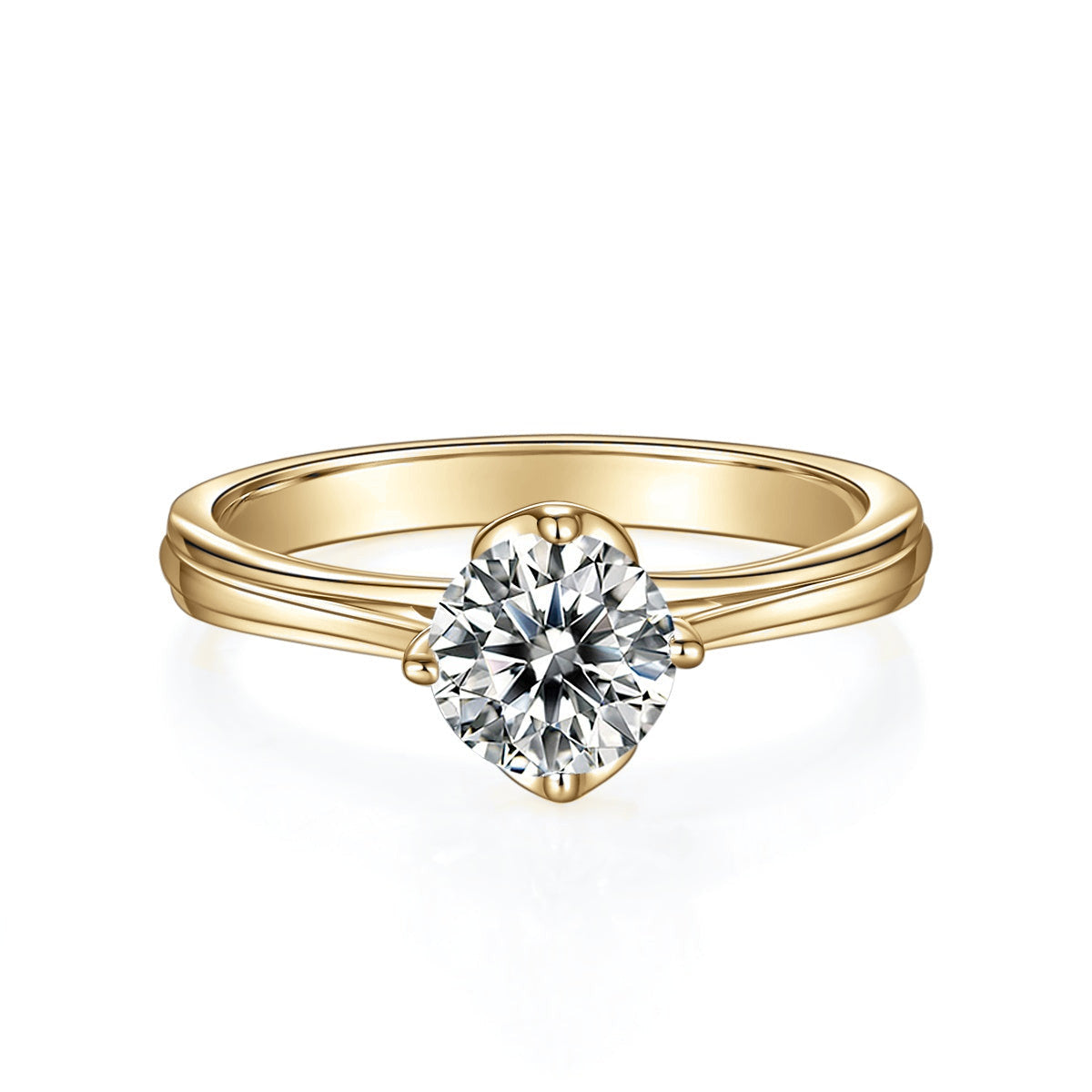 Fawn Round Moissanite Split Shank Engagement Ring in 18K yellow gold plating, front view