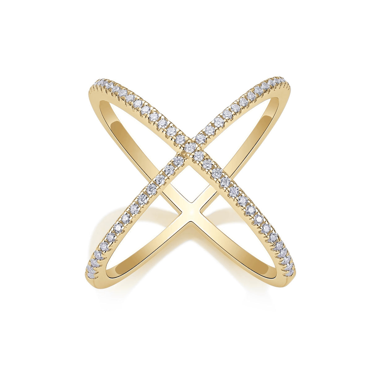 Felicia Moissanite Pavé Crisscross Ring in 18K yellow gold plating, front view