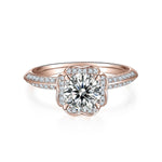 Felicity Round Moissanite Petal Halo Engagement Ring in 18K rose gold plating, front view