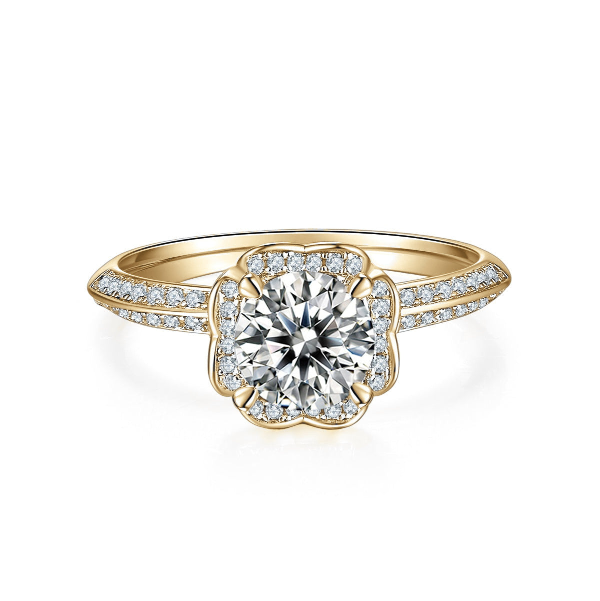 Felicity Round Moissanite Petal Halo Engagement Ring in 18K yellow gold plating, front view