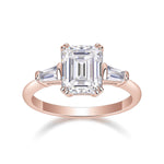 Fern Emerald Cut Moissanite Three Stone Engagement Ring in 18K rose gold plating, front view