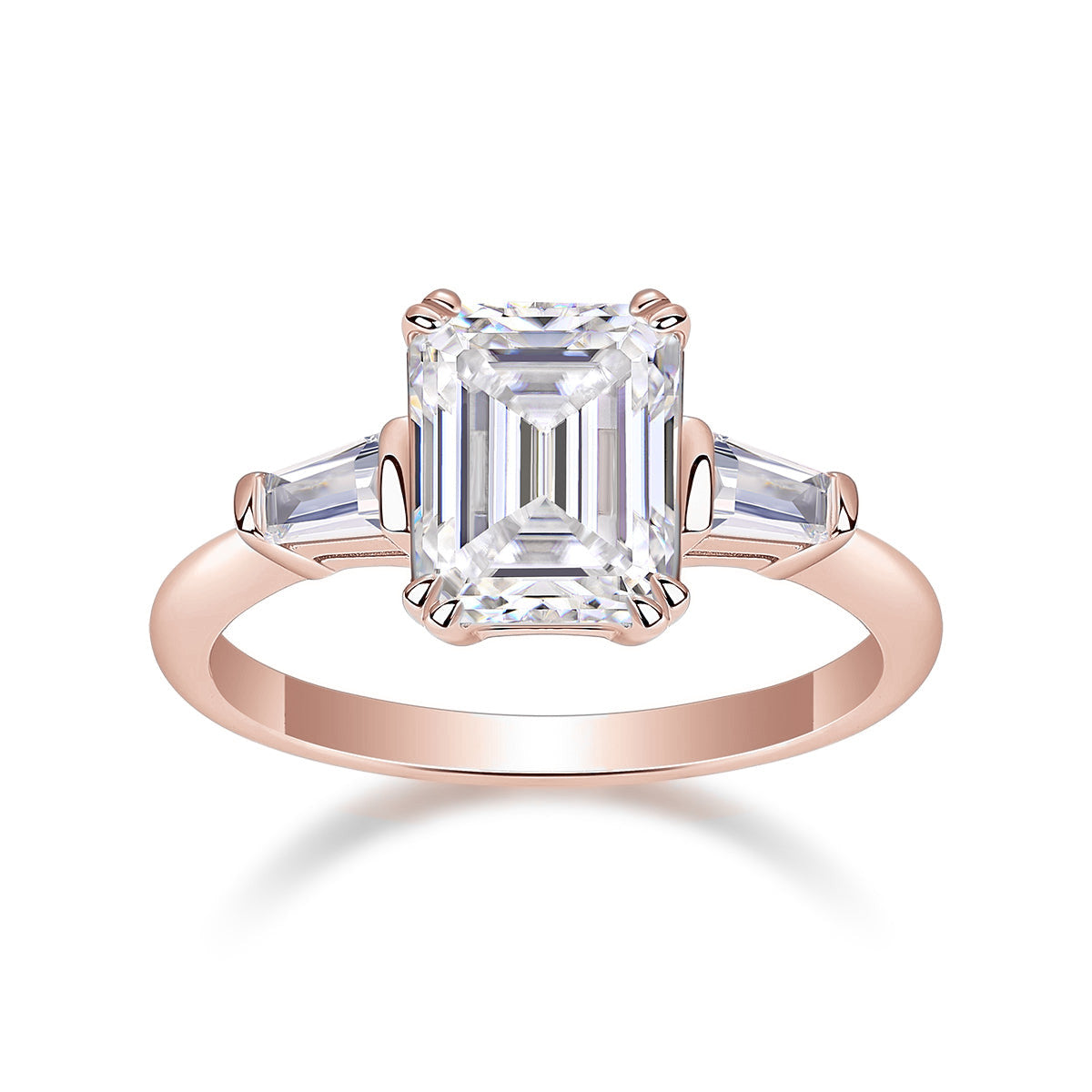 Fern Emerald Cut Moissanite Three Stone Engagement Ring in 18K rose gold plating, front view