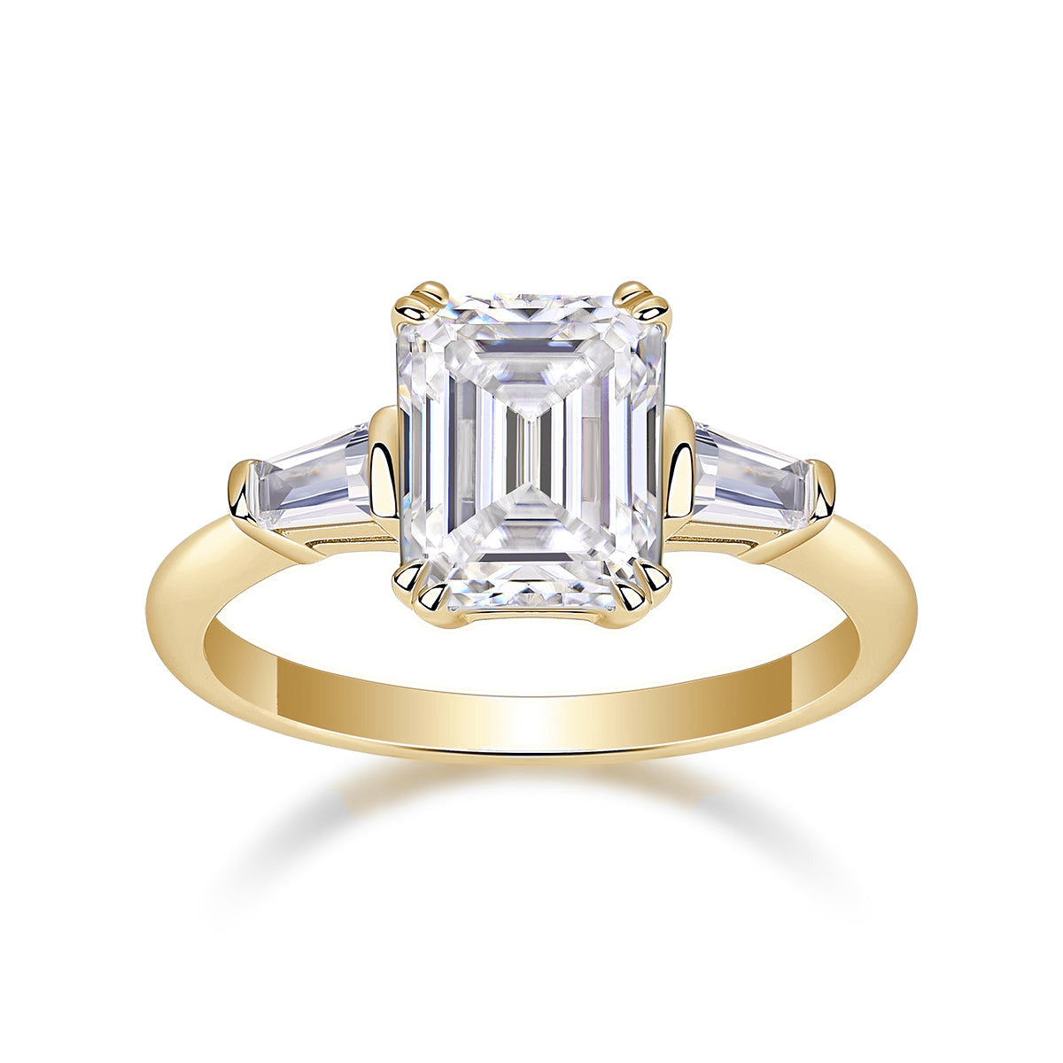 Fern Emerald Cut Moissanite Three Stone Engagement Ring in 18K yellow gold plating, front view