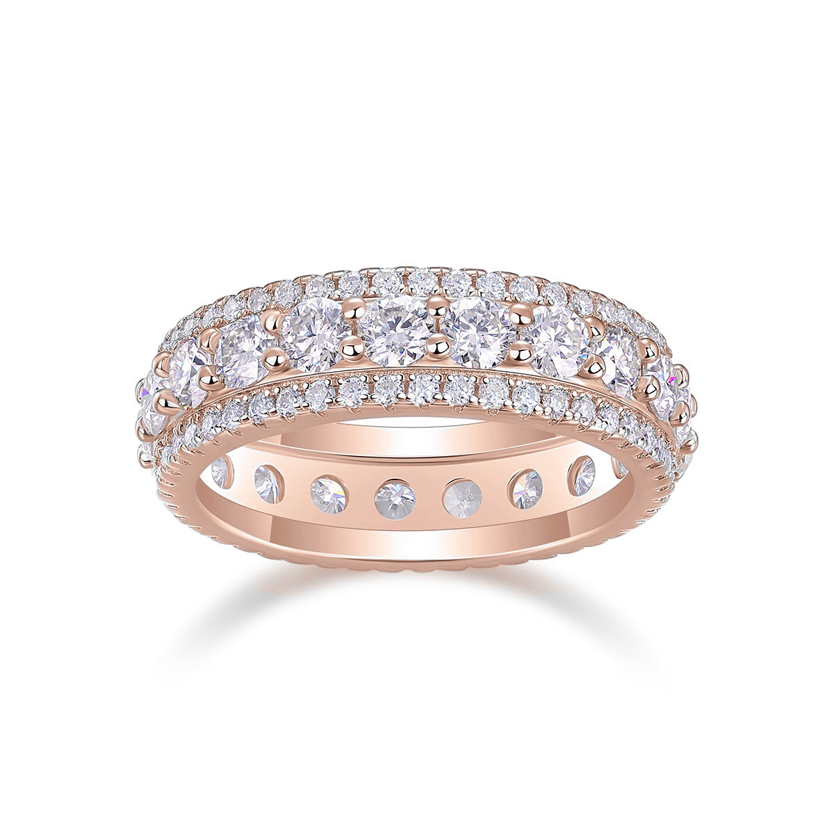 Fleur Round Moissanite Milgrain Eternity Band in 18K rose gold plating, front view
