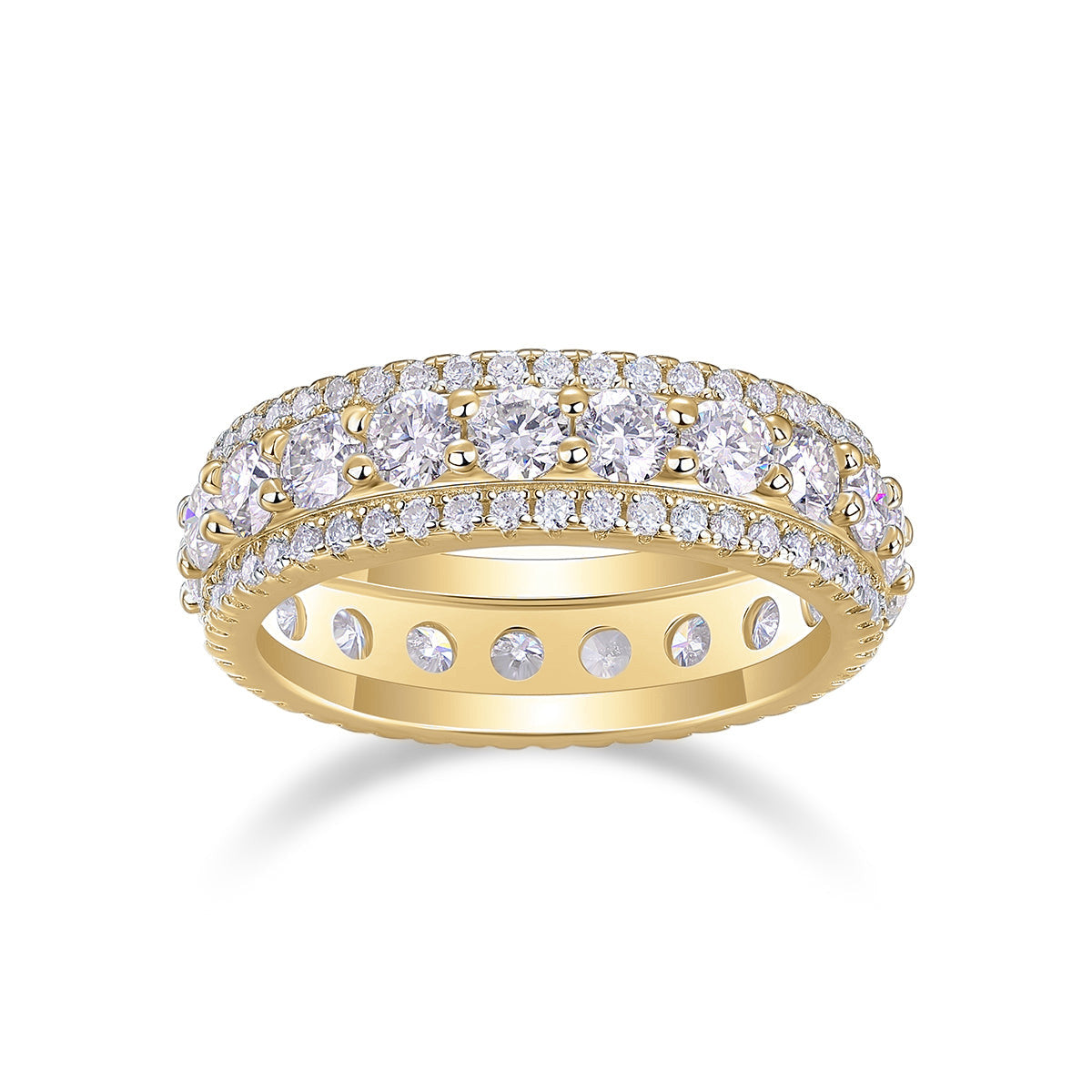 Fleur Round Moissanite Milgrain Eternity Band in 18K yellow gold plating, front view