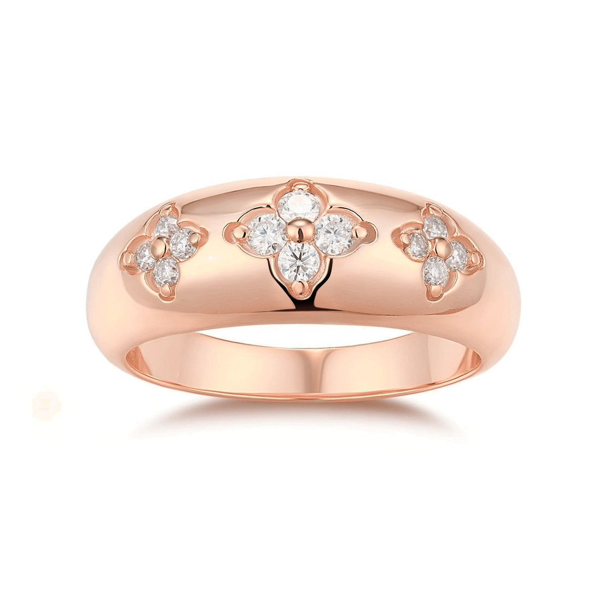 Flora Moissanite Flower Dome Ring in 18K rose gold plating, front view