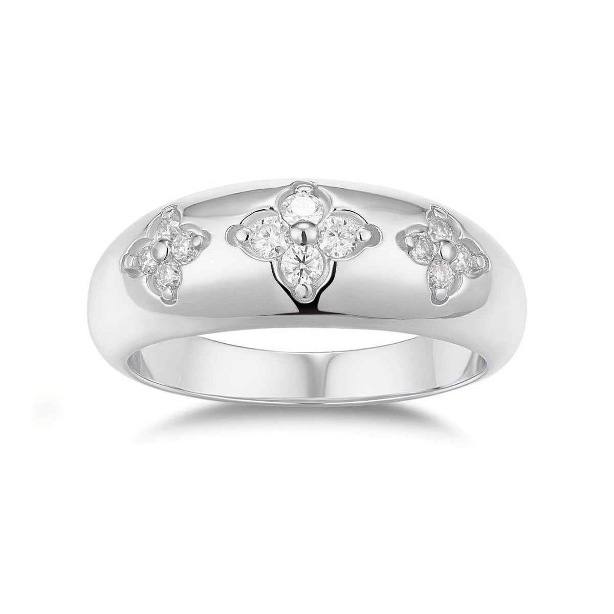 Flora Moissanite Flower Dome Ring in 18K white gold plating, front view
