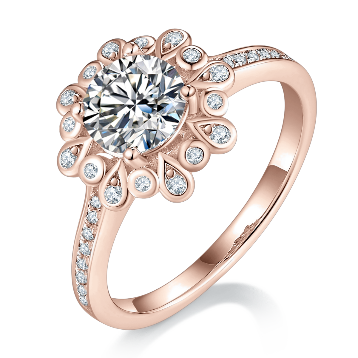 Francesca Round Moissanite Sunburst Halo Engagement Ring in 18K rose gold plating