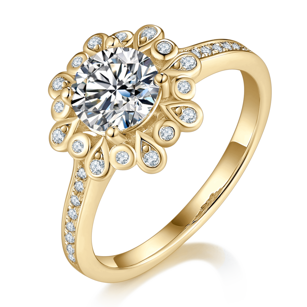 Francesca Round Moissanite Sunburst Halo Engagement Ring in 18K yellow gold plating