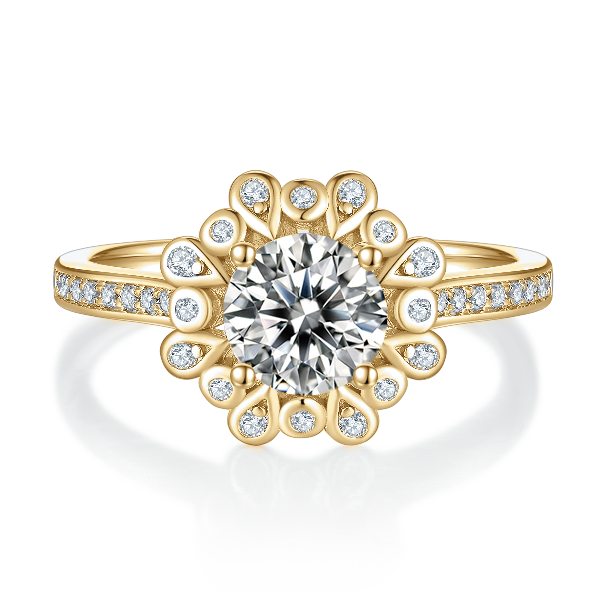 Francesca Round Moissanite Sunburst Halo Engagement Ring, front view