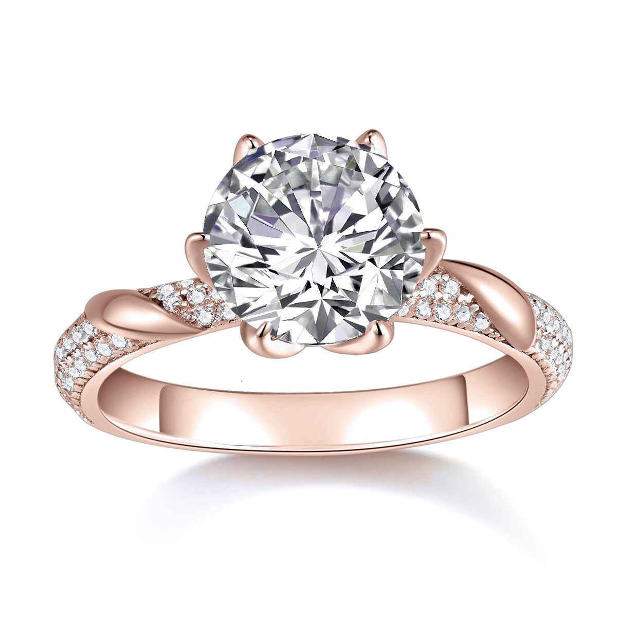 Gabriella Round Moissanite Twist Engagement Ring in 18K rose gold plating, front view
