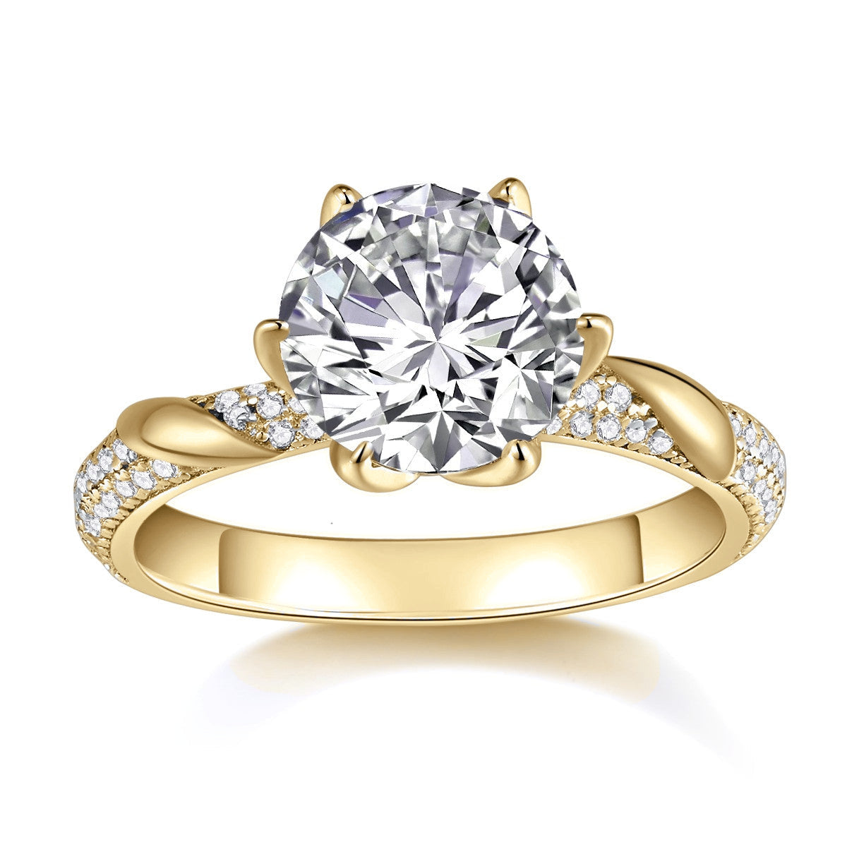 Gabriella Round Moissanite Twist Engagement Ring in 18K yellow gold plating, front view
