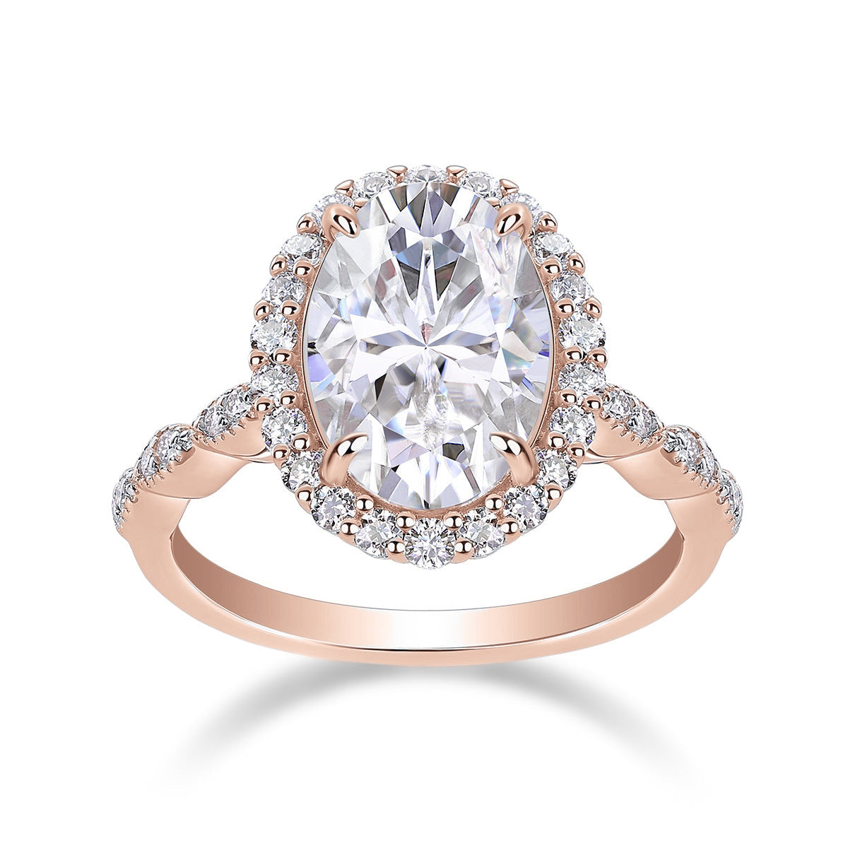 Gemma Oval Moissanite Halo Engagement Ring in 18K rose gold plating, front view