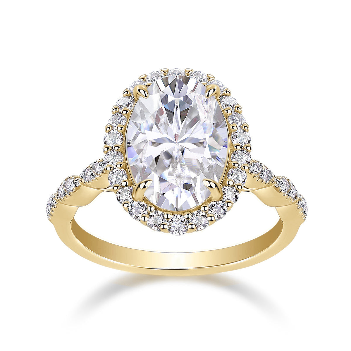 Gemma Oval Moissanite Halo Engagement Ring in 18K yellow gold plating, front view