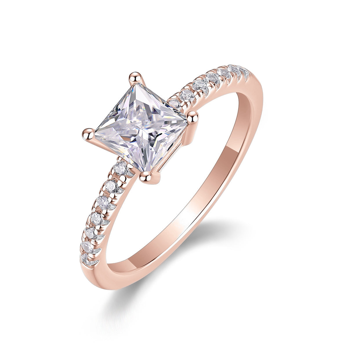 Gigi Princess Cut Moissanite Solitaire Engagement Ring in 18K rose gold plating, angled view