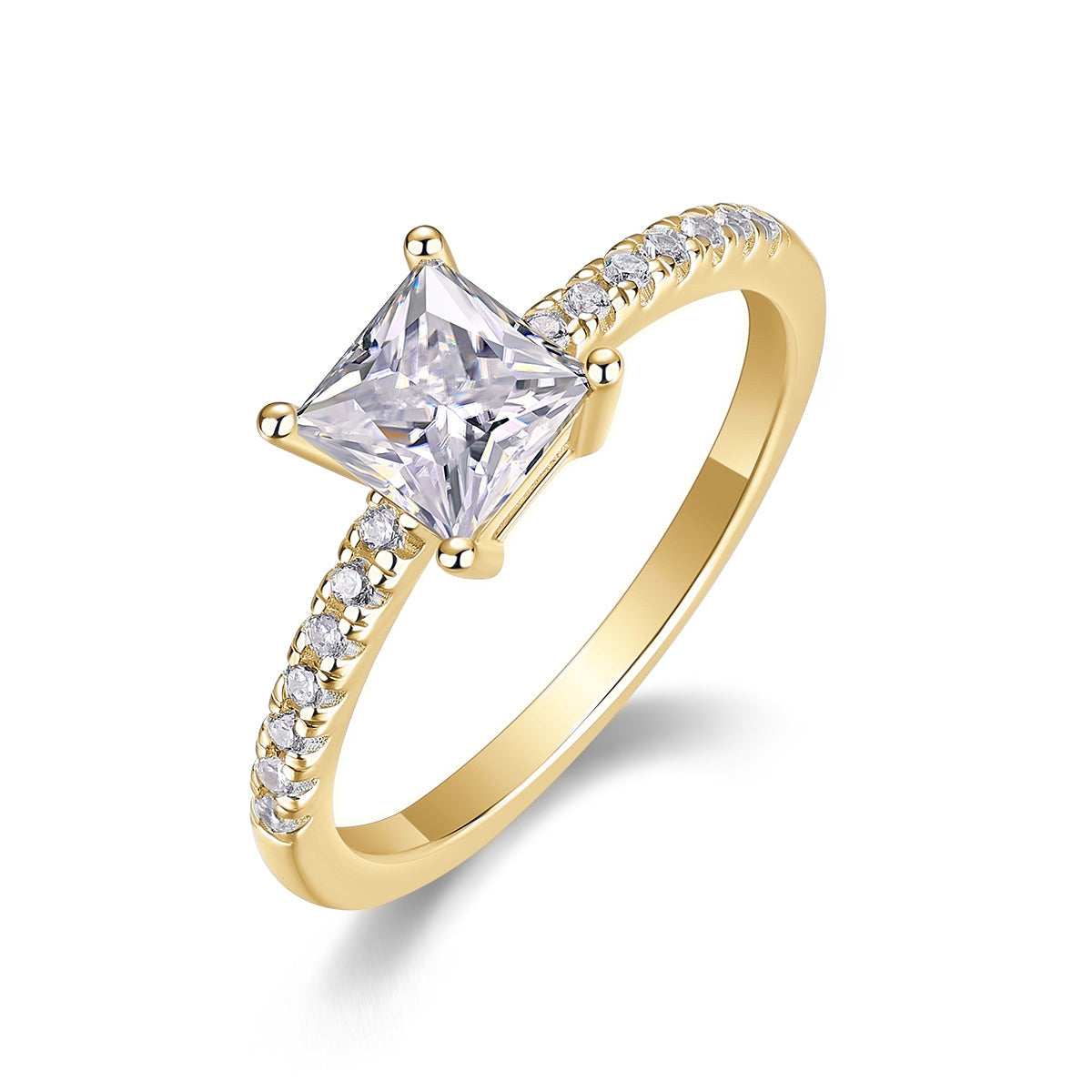 Gigi Princess Cut Moissanite Solitaire Engagement Ring in 18K yellow gold plating, angled view