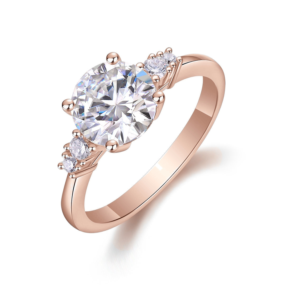 Ginny Round Moissanite Side Stone Engagement Ring in 18K rose gold plating