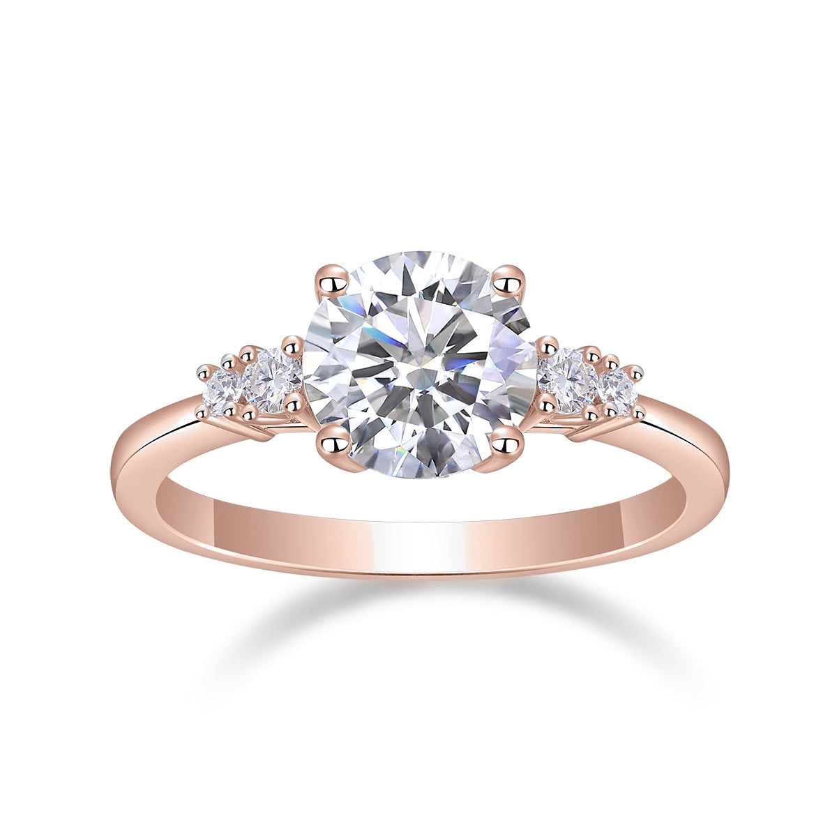 Ginny Round Moissanite Side Stone Engagement Ring in 18K rose gold plating, front view