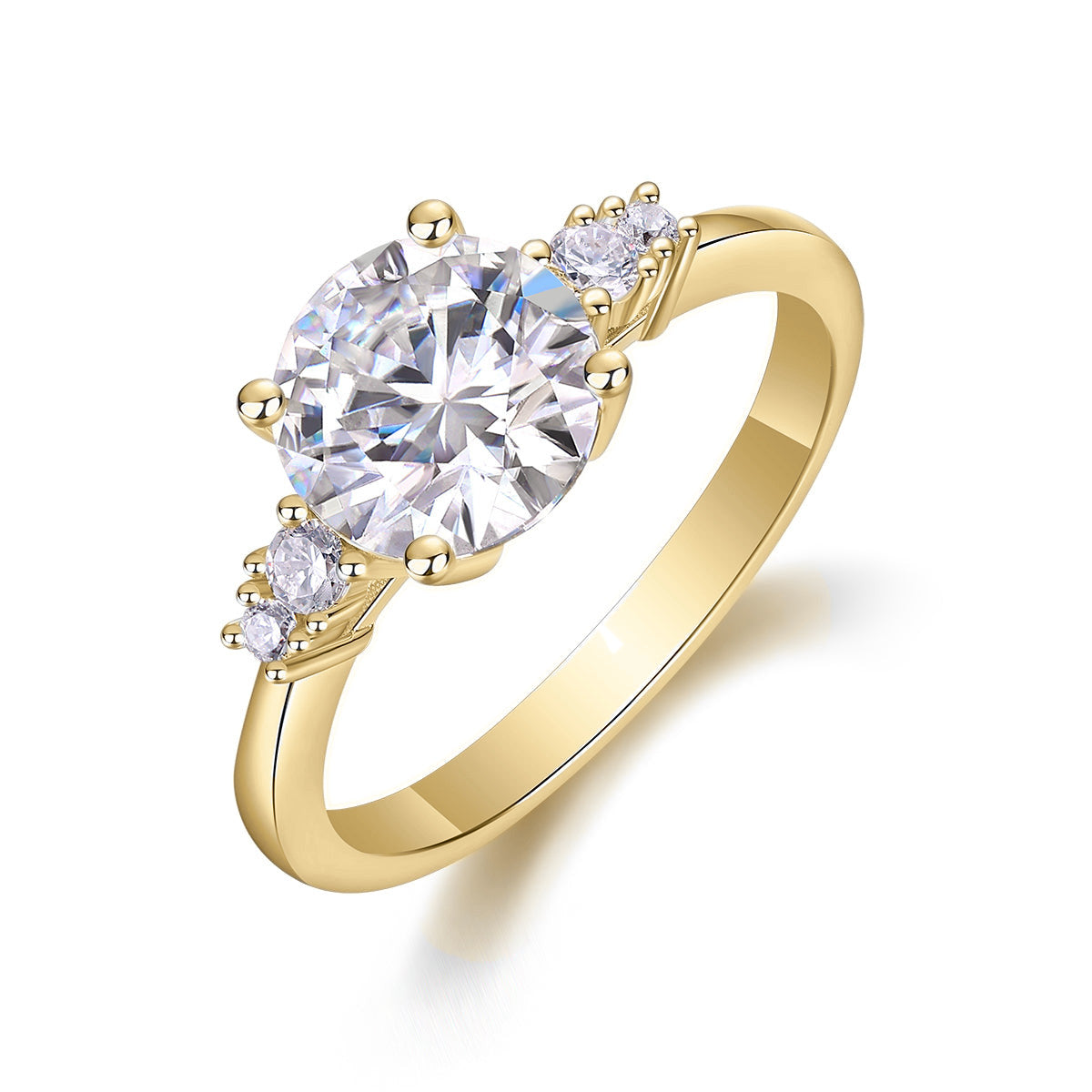 Ginny Round Moissanite Side Stone Engagement Ring in 18K yellow gold plating