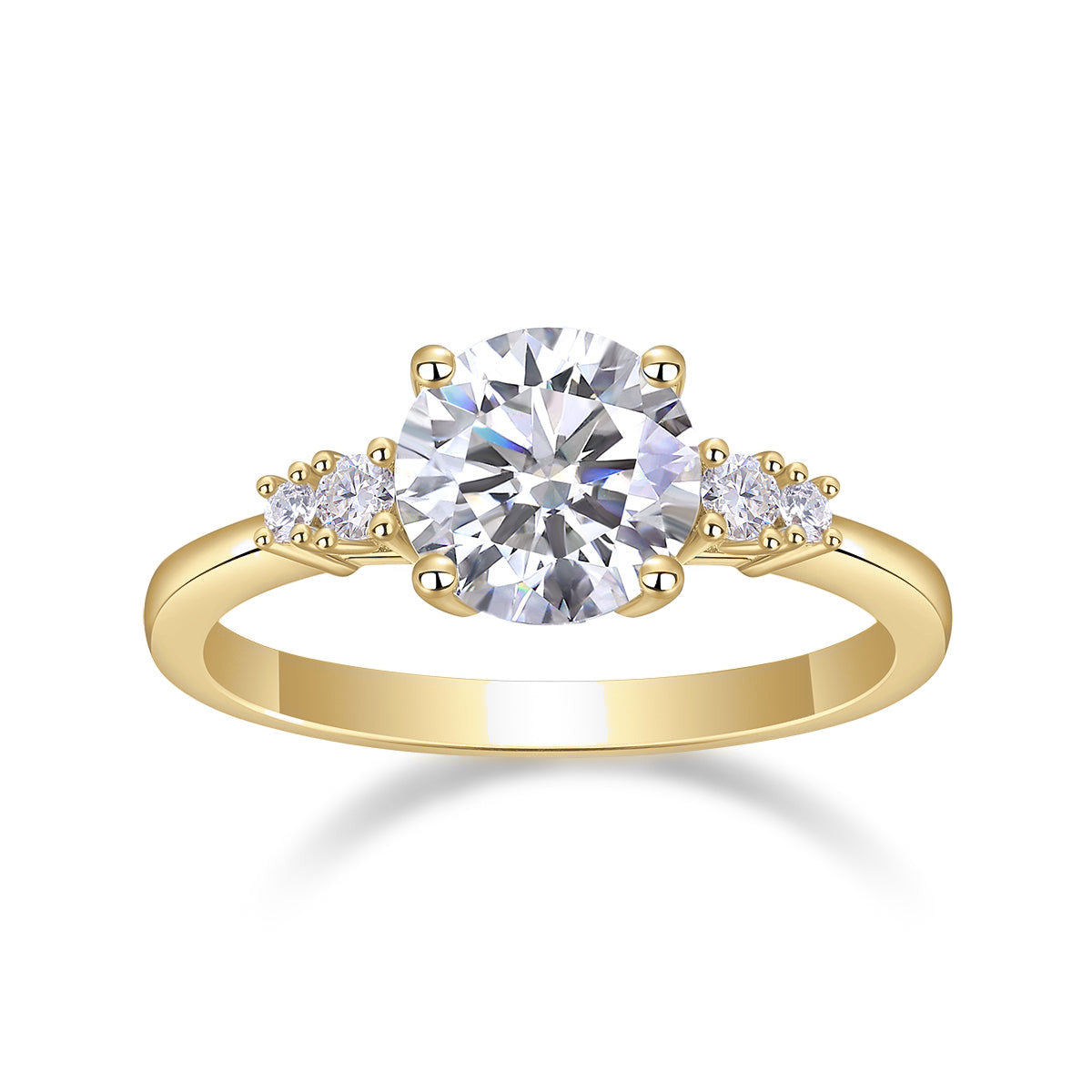 Ginny Round Moissanite Side Stone Engagement Ring in 18K yellow gold plating, front view