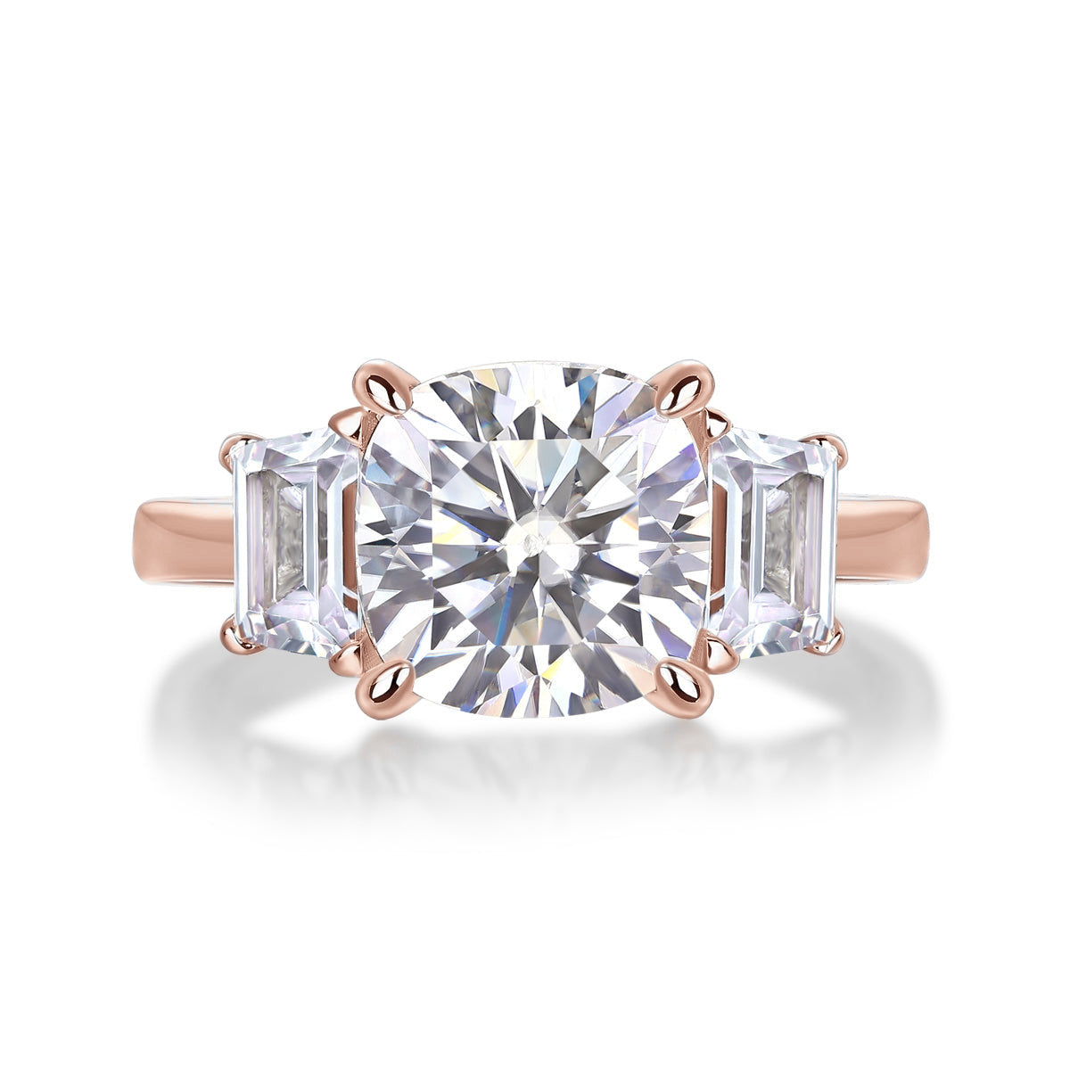 Giselle Cushion Cut Moissanite Three Stone Engagement Ring in 18K rose gold plating