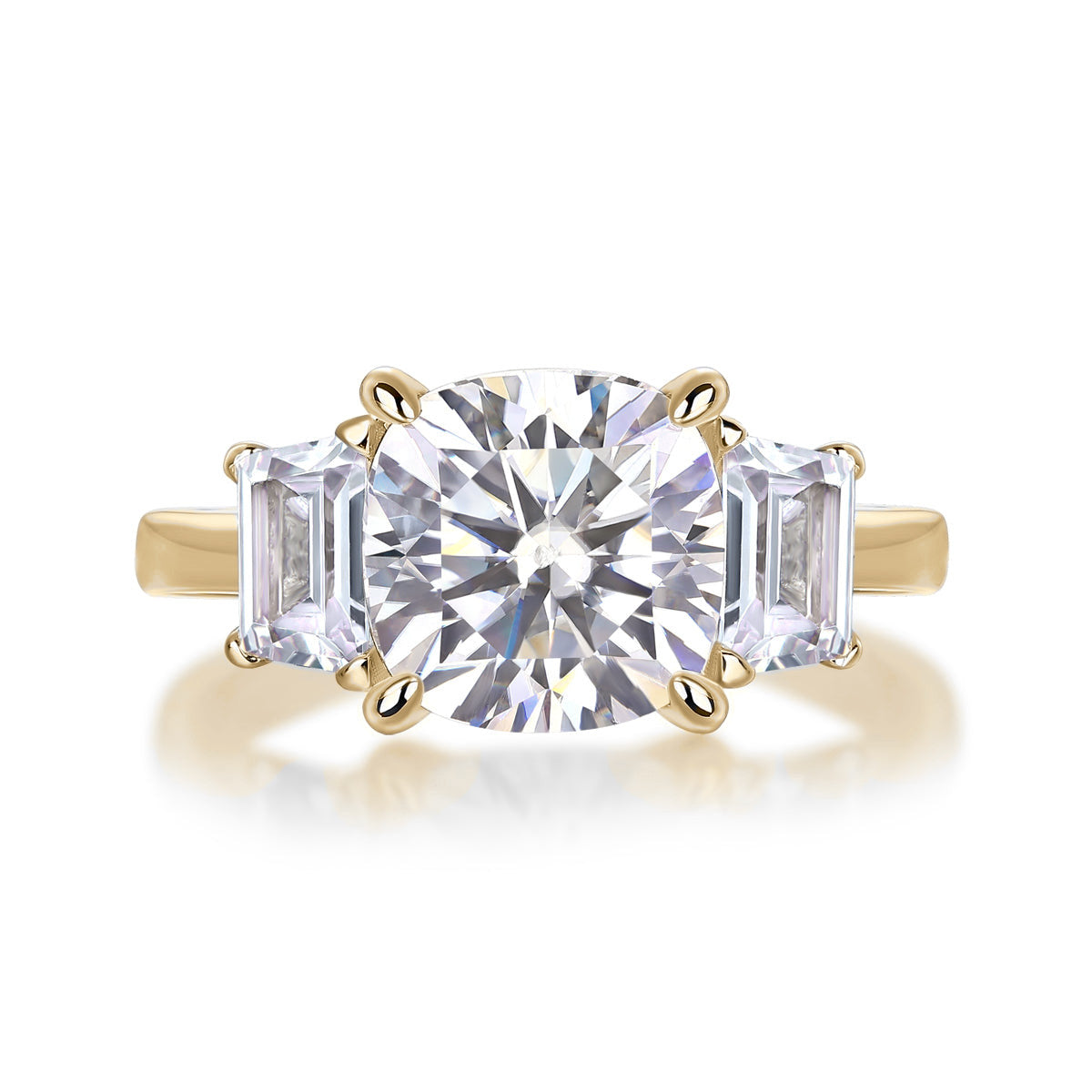 Giselle Cushion Cut Moissanite Three Stone Engagement Ring in 18K yellow gold plating